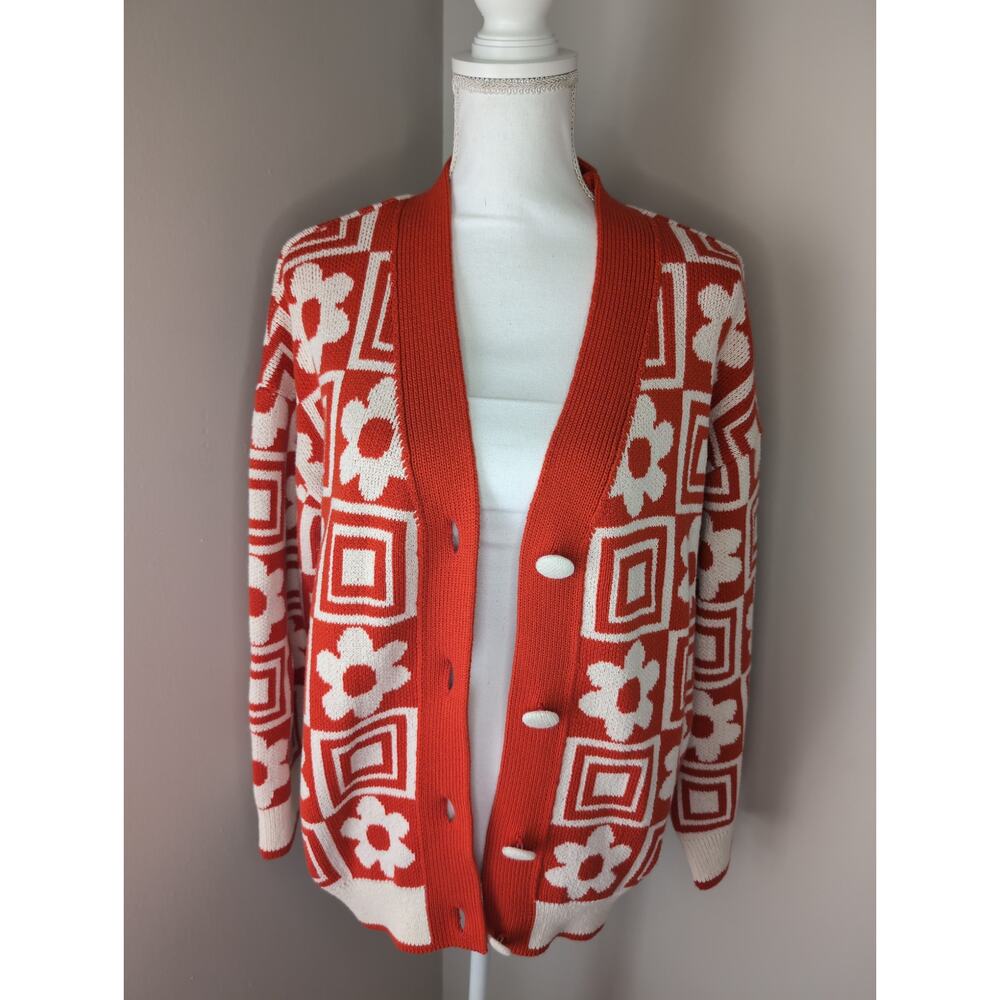 Zara Orange floral funky geometric M knit button up sweater cardigan - Picture 5 of 7